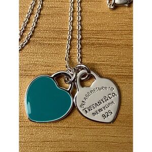 Tiffany & Co Return to Tiffany Double Heart Tag Necklace Silver Blue Enamel 925